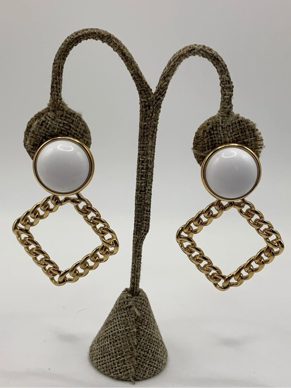 VTG Monet Clip On Dangle Earrings Gold Tone White Acrylic Signed